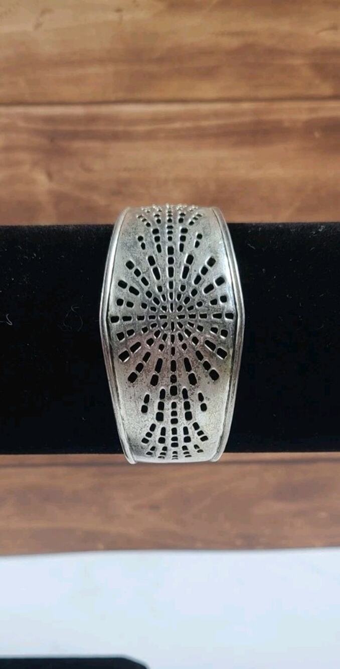 Silver Tone Openwork Cuff Bracelet Sunburst Fireworks Wide Hinged Look Boho